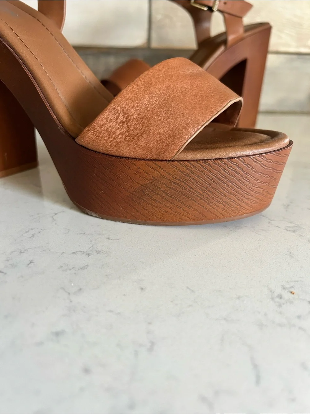 Gianni Bini Leather Platform Heel Sandals in Rich Caramel
